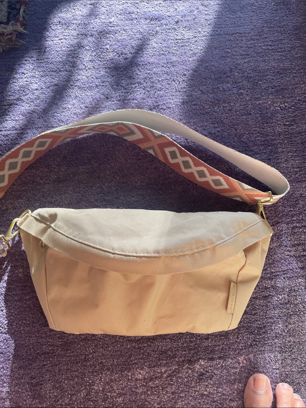 Casual Tan Nylon Crossbody or Belt Bag with Patterned Strap